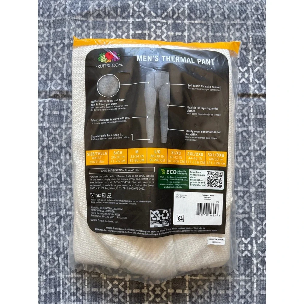 Fruit of the Loom Thermal Pant Mens 2XL Natural NEW Waffle Knit Base Layer